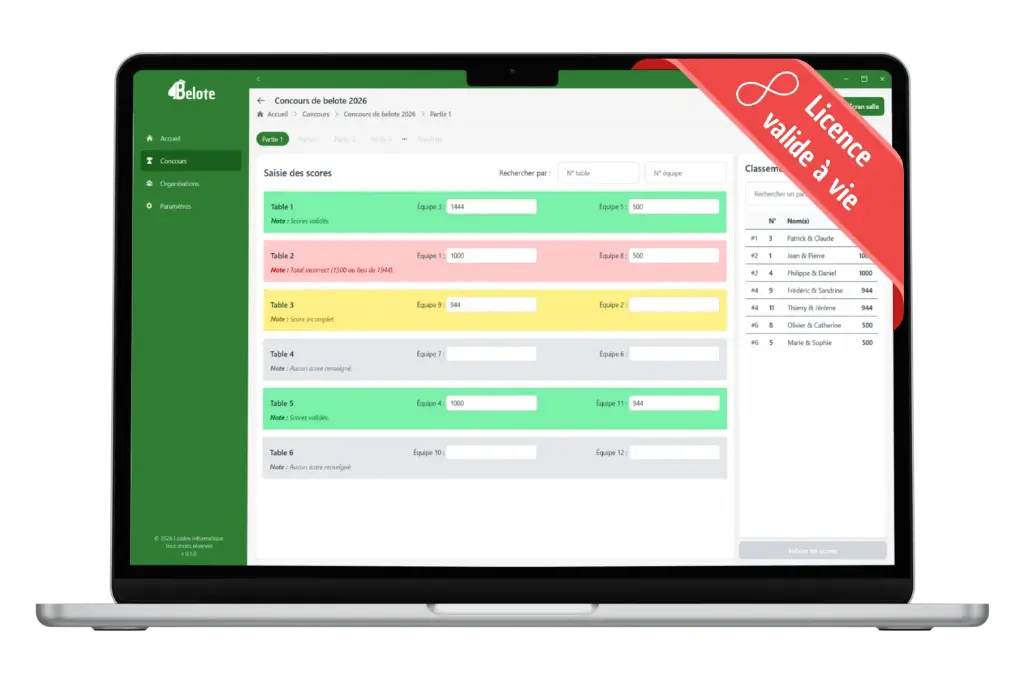 Logiciel de concours de belote – Licence à vie