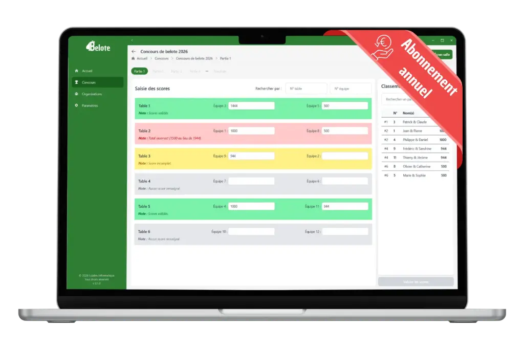 Logiciel de concours de belote – Abonnement annuel