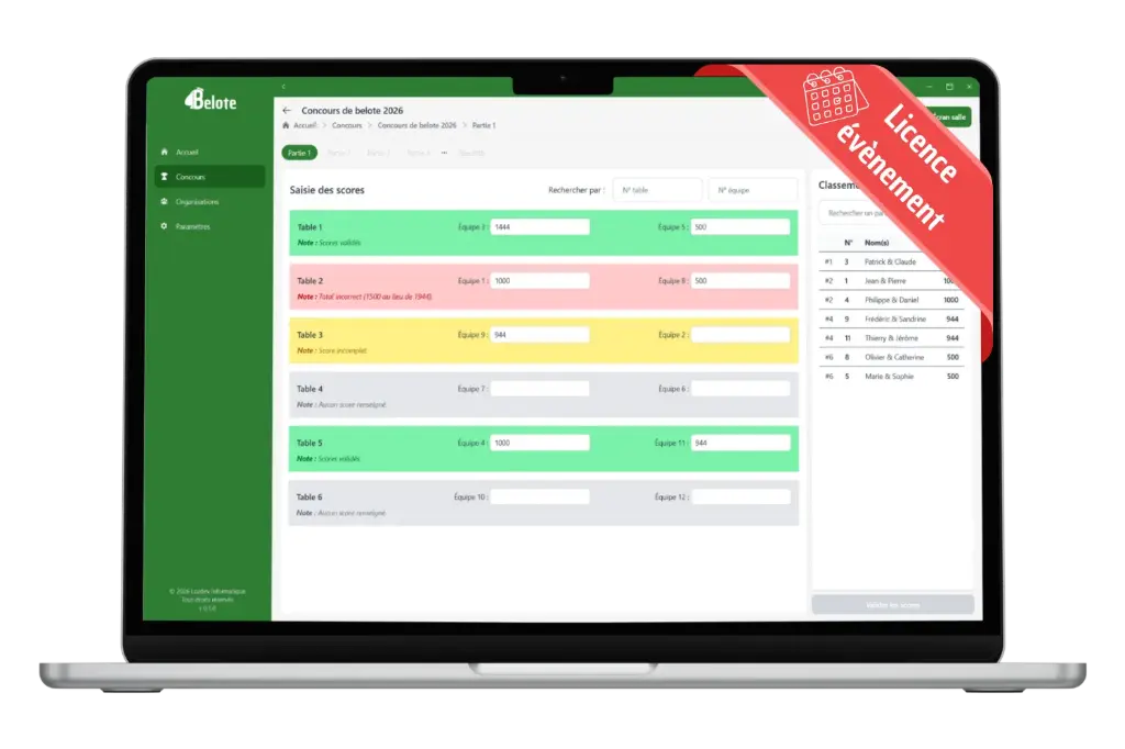 Logiciel de concours de belote – Licence Évènement – Accès complet pendant 48h